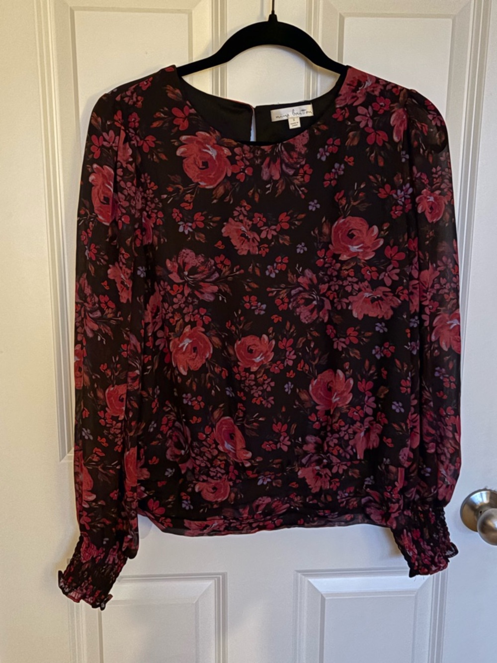 nine britton Black Sheer Blouse with Rose Floral Print
